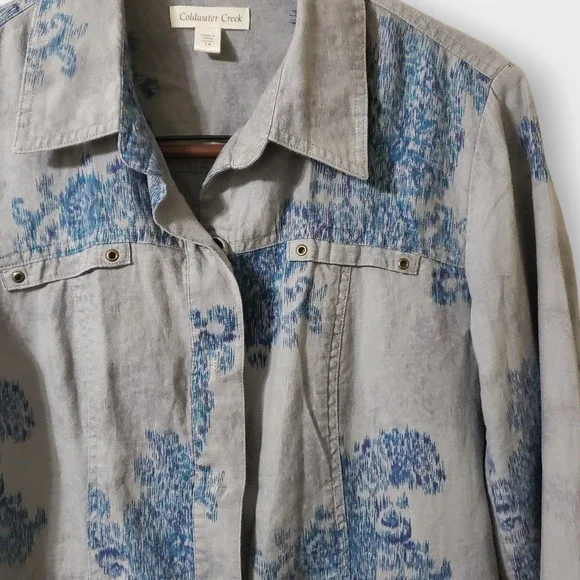 Coldwater Creek Womens 14 Gray Blue Floral Ikat 100% Linen Snap Button Jacket - Picture 2 of 13